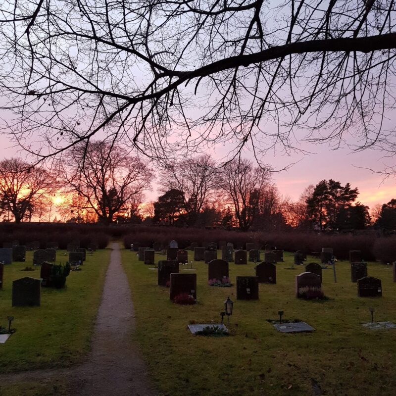 Kyrkogård - gravar rosa himmel